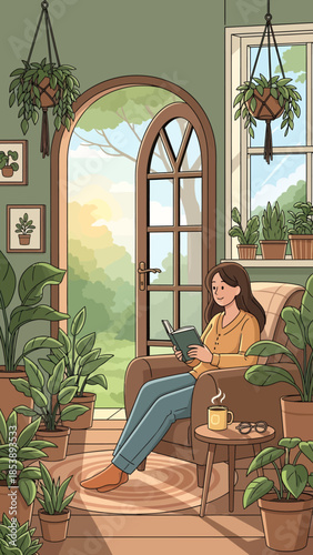Woman watering plants in a cozy sunlit room.