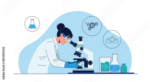 Female scientist examining samples with microscope in a laboratory illustration