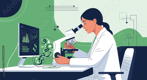 Female scientist working with a microscope analyzing data for medical innovation development