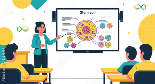Female teacher explains stem cell structure to student in modern science classroom teaching biology