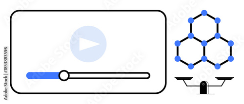 Video streaming, blockchain integration, online protection, digital content, security, and technology innovation. Video player bar and blockchain diagram. Video streaming and blockchain integration