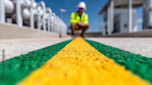 Sustainable aviation fuel airport hydrant system. a maintenance worker inspecting generic underground refueling valves with green safety markings.