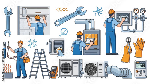 HVAC technicians at work with tools and equipment