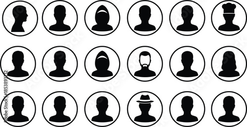 Diverse collection of male and female user profile avatar icons, anonymous people silhouettes in circles, professional web UI design elementst