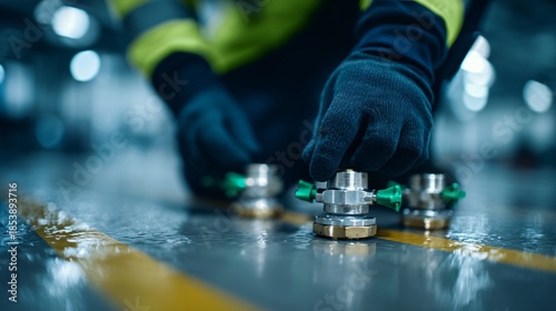 Sustainable aviation fuel airport hydrant system. a maintenance worker inspecting generic underground refueling valves with green safety markings.