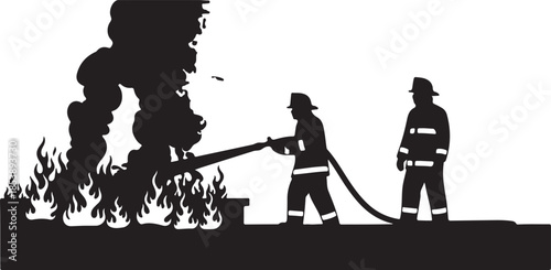 firefighters on rooftop fighting fire silhouette vector