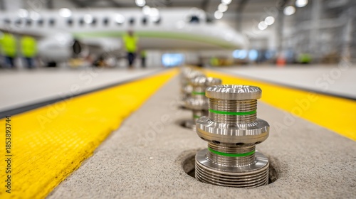 Sustainable aviation fuel airport hydrant system. a maintenance worker inspecting generic underground refueling valves with green safety markings.