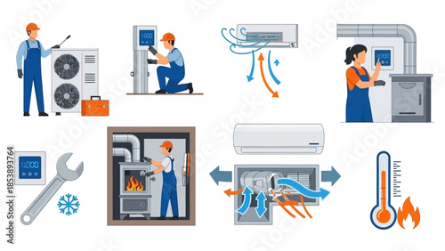 HVAC technicians installing and repairing heating and cooling systems