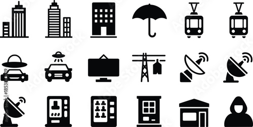 Urban And Technology Icons Including Buildings Transportation And Communication Devices skyscraper office