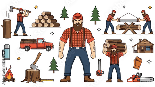 Lumberjack illustrations with logging tools and trees
