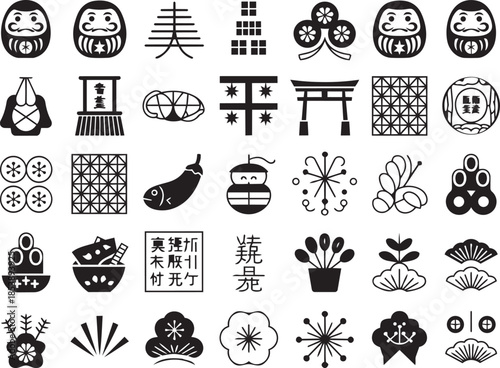 Japanese Traditional New Year Stamp Icon Set with Daruma Dolls, Torii Gate, and Auspicious Symbols