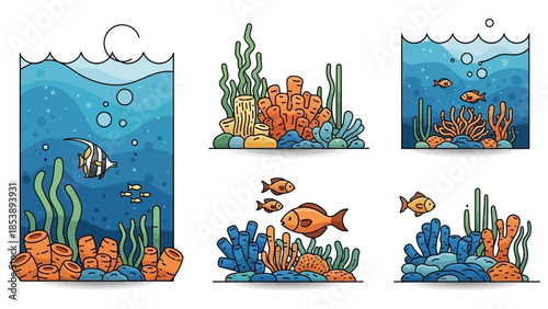 Vibrant underwater scenes with colorful fish and coral reefs