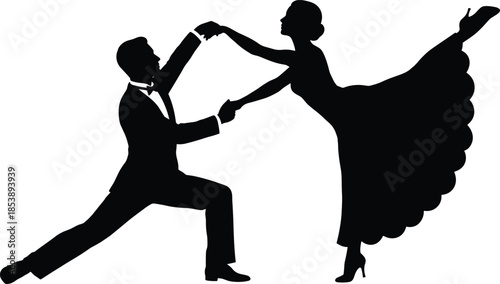 Elegant black silhouette of a ballroom dancing couple in a graceful pose, man in tuxedo and woman in long gown,