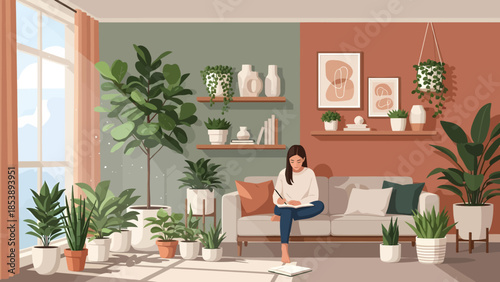 Young woman reading a book while sitting on a sofa surrounded by plants.