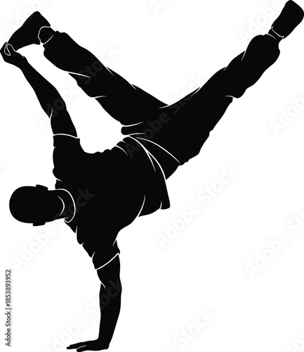 Dynamic black silhouette of a male breakdancer performing a difficult one-handed handstand power move, isolated on a white background,