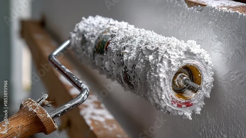 Paint roller rotating with textured paint