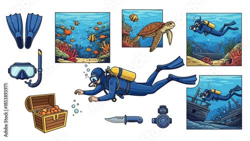 Scuba diver exploring vibrant underwater ocean with fish and treasure