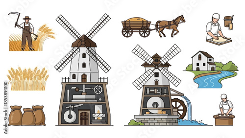 Vintage windmill and farming tools illustrations set