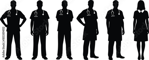Medical Team Silhouettes, Doctors and Nurses Standing with Stethoscopes, Isolated on White Background for Hospital and Healthcare Concepts