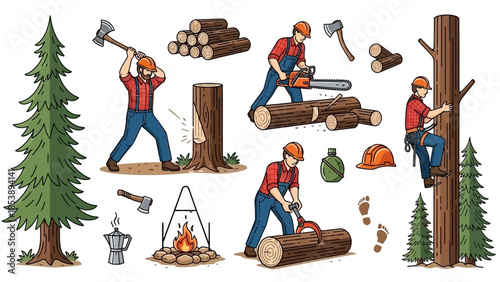Lumberjack at work in forest with trees and logs