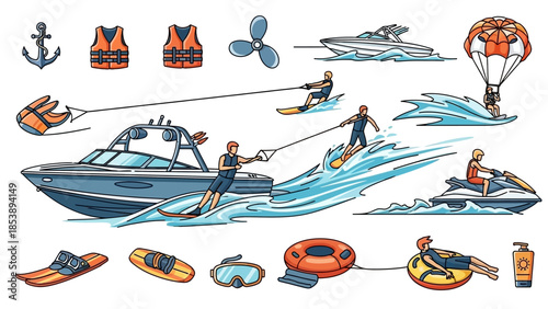 Water sports and activities with people having fun on boats