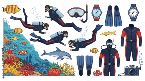 Scuba divers exploring vibrant coral reef with marine life and gear