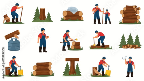 Lumberjack at work in forest with logs and trees