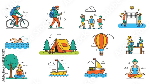 Vibrant illustrations of people enjoying outdoor activities and hobbies