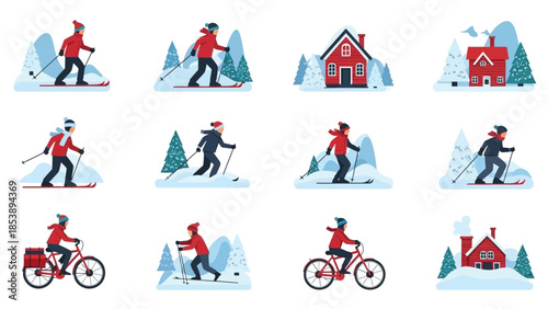 Vibrant winter scenes of people skiing and cycling in snowy landscapes