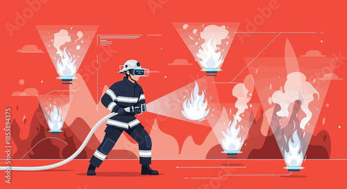 Futuristic firefighting augmented reality simulation and training on red background