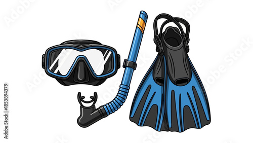 Scuba diving gear including mask, snorkel, and flippers on white background
