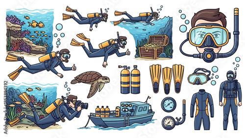 Scuba divers exploring vibrant coral reef with treasure and marine life