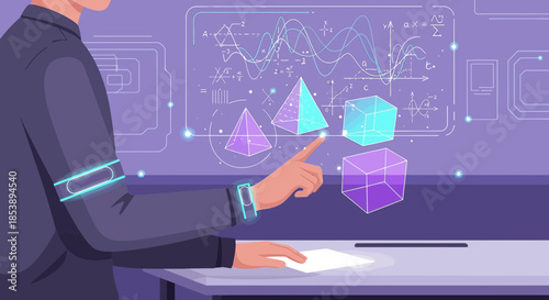 Futuristic mathematical interface featuring a man interacting with geometric shapes and equations
