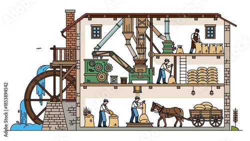 Vintage mill operation with workers processing grain