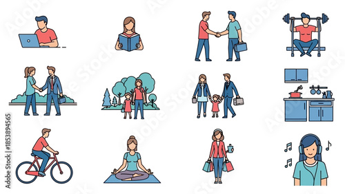 People engaging in various daily activities and hobbies