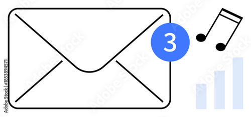 Email notification concept. Envelope with new message alert, sound note, and analytics symbol for communication and notifications. Email notification in digital communications, apps, productivity