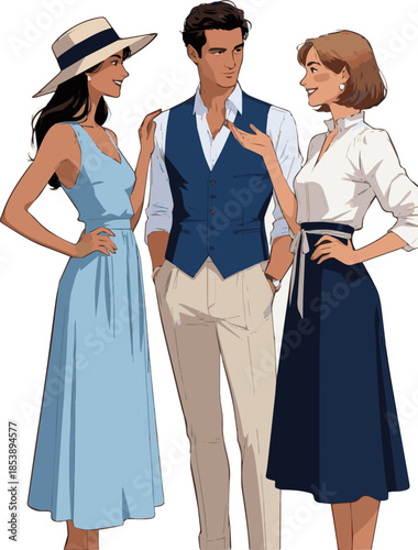 Create a realistic Two women and a man in elegant summer outfits standing and having a conversation vector art with white background.