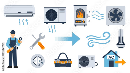 Heating and air conditioning technician installing modern AC system