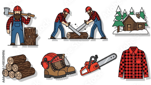 Lumberjacks at work in forest with logs and tools