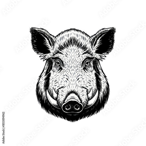 Detailed Boar Head Illustration with Prominent Tusks and Intense Gaze.