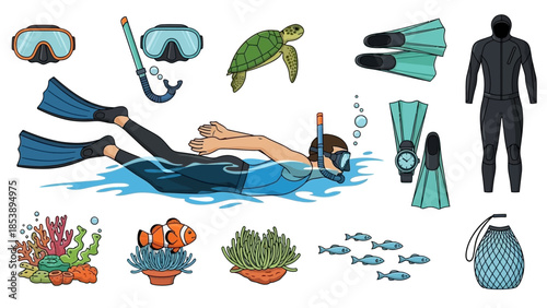 Snorkeling equipment and marine life illustration set