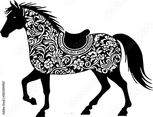 Chinese Ornament Horse Black and White Vector