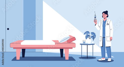 Healthcare professional preparing injection in minimalist clinic room setting with clean vector