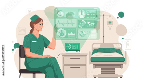 Healthcare professional interacting with advanced medical technology in hospital room setting