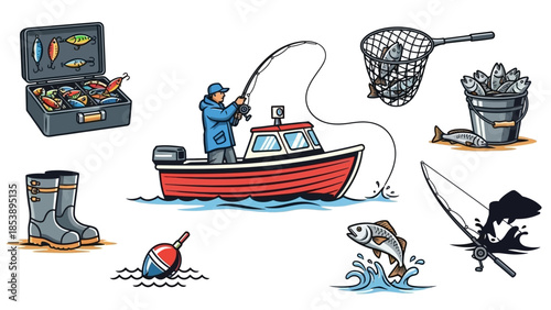 Vibrant fishing scene with man on boat catching fish