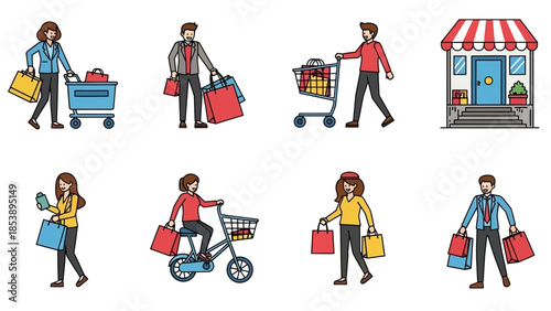 People shopping and carrying bags in a modern retail environment
