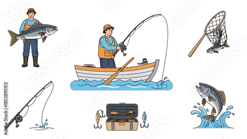 Fisherman catching fish in boat with tackle and gear