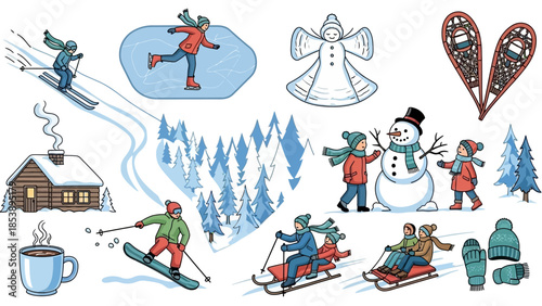 Vibrant winter sports and activities in snowy landscape