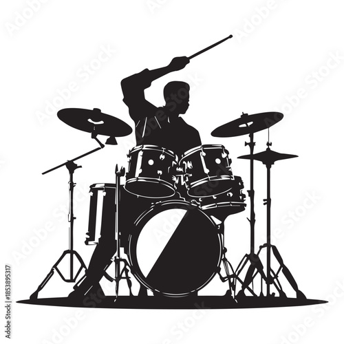 set of black drummer musician drumming drums vector silhouettes isolated on white background