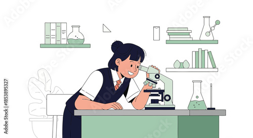 Illustration depicting a young woman deeply engrossed in scientific exploration with a microscope